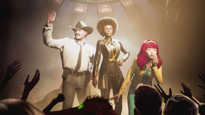 Judas screenshot showing the game’s trio of major characters: sheriff Tom, Nefertiti and Hope.