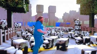 Jack Black as Steve surrounded by pandas in unfinished version of A Minecraft Movie