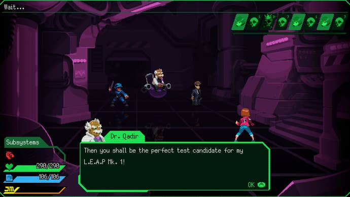 A young girl fights two soliders and a scientist on a purple space hopper in Jack Move.