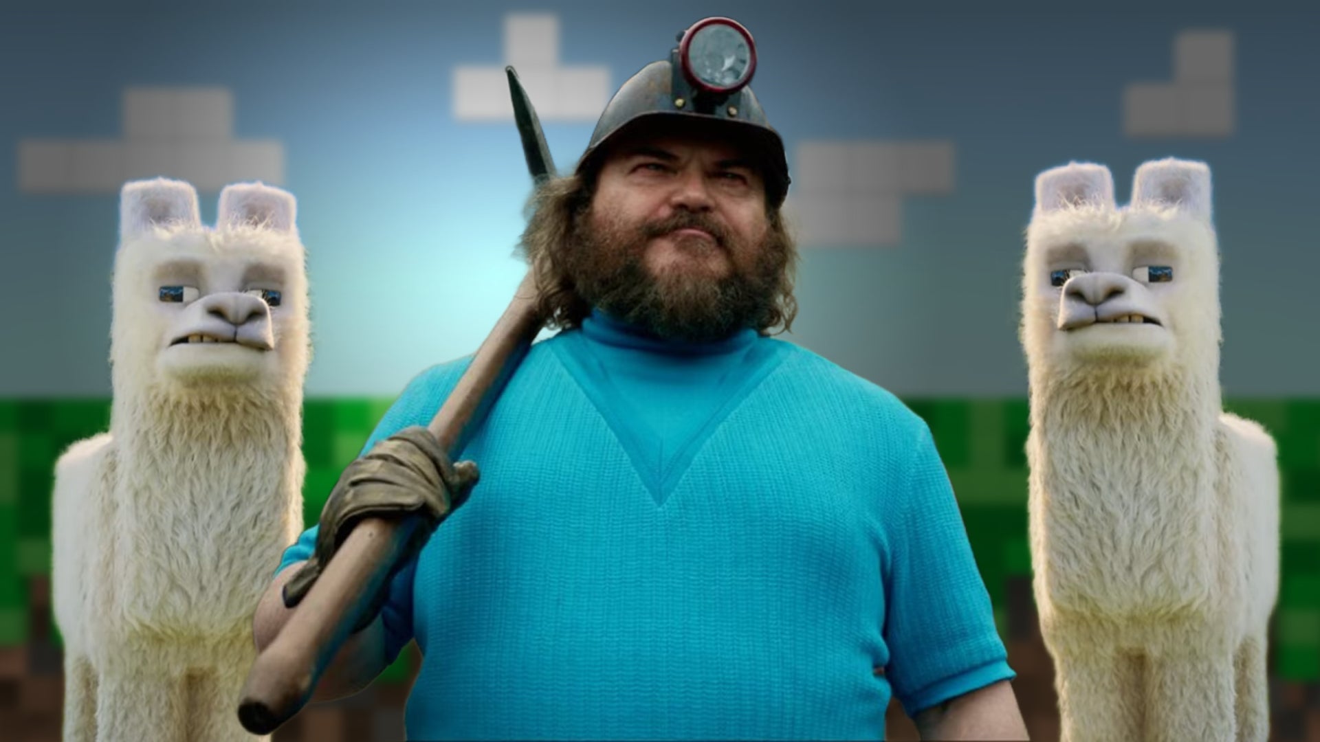 Jack Black as Steve in A Minecraft Movie alongside some Llamas. - 1