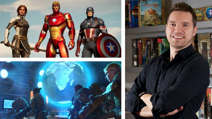 A collage of screenshots from Marvel’s Midnight Suns and XCOM Enemy Unknown and a photograph of designer Jake Solomon