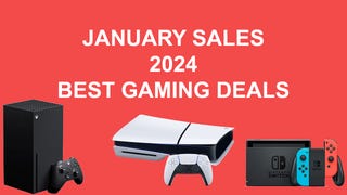 Xbox Series X, PS5 Slim and a Nintendo Switch are featured on a red background with white text in the centre which reads 'January Sales 2024 Best Gaming Deals'