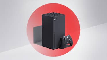 An Xbox Series X sits up in tha middle of a gangbangin' faded Japanese flag.