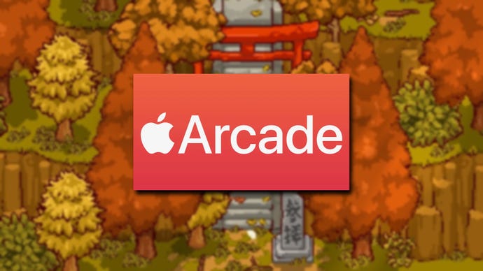 The Apple Arcade logo over a screenshot – all pixel-art autumnal Japanese trees and a Torii gate – of Japanese Rural Life.
