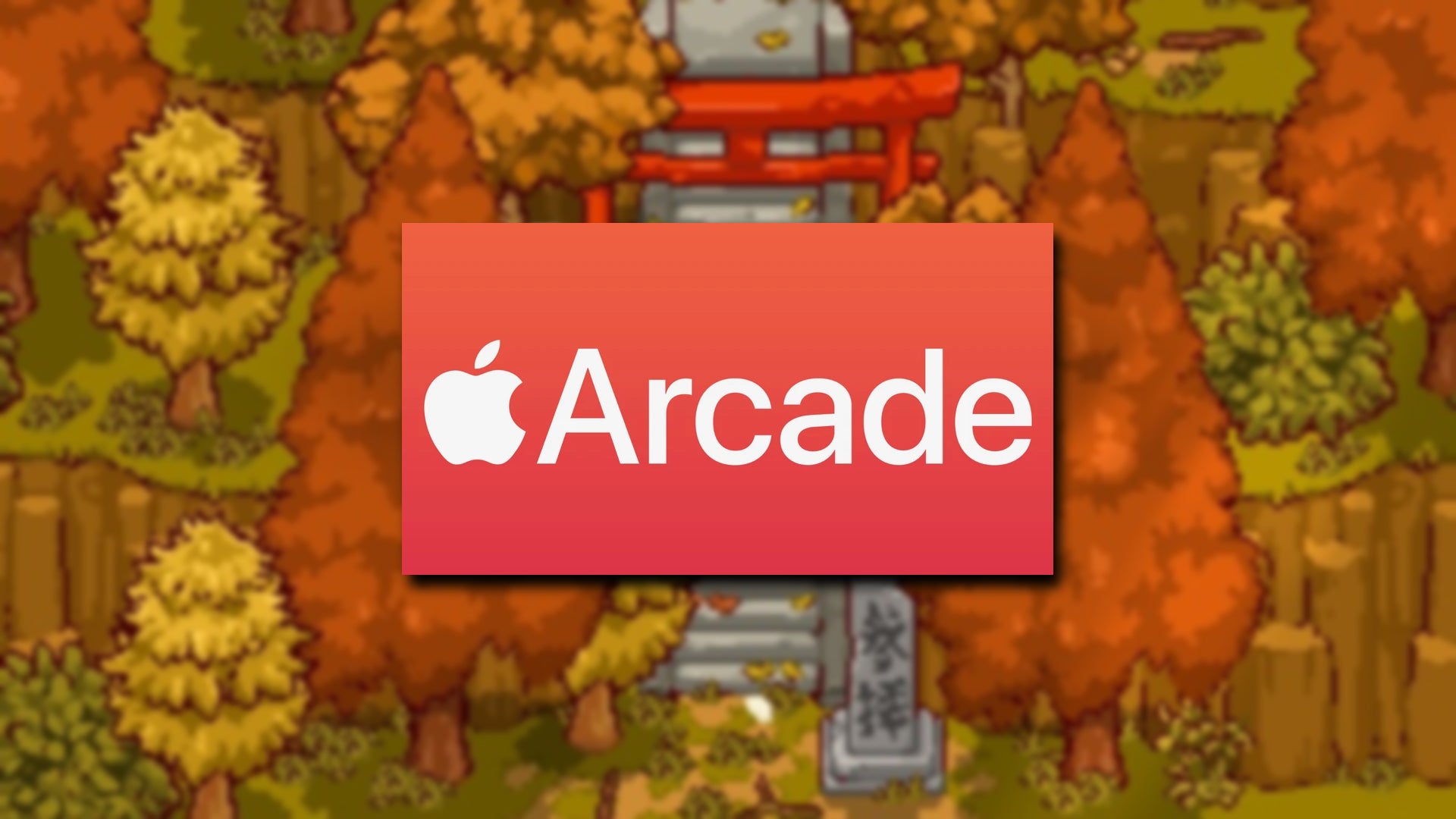The Apple Arcade logo over a screenshot – all pixel-art autumnal Japanese trees and a Torii gate – of Japanese Rural Life. - 1