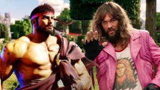 Jason Momoa in A Minecraft Movie raising his hand out with an image of Ryu from Capcom's Street fighter series overlayed on the left hand side of the image