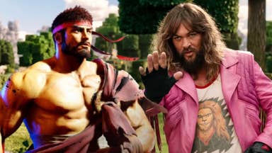 Jason Momoa in A Minecraft Movie raising his hand out with an image of Ryu from Capcom's Street fighter series overlayed on the left hand side of the image
