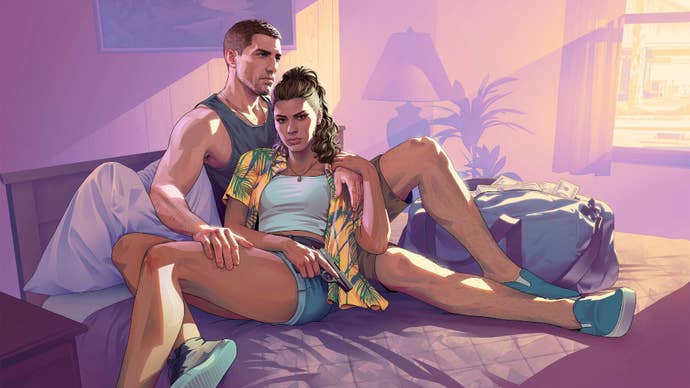 Jason and Lucia GTA 6 art. They are on a bed in shorts and t.shirts. Lucia is holding a gun. A bag of cash is on the mattress next to them