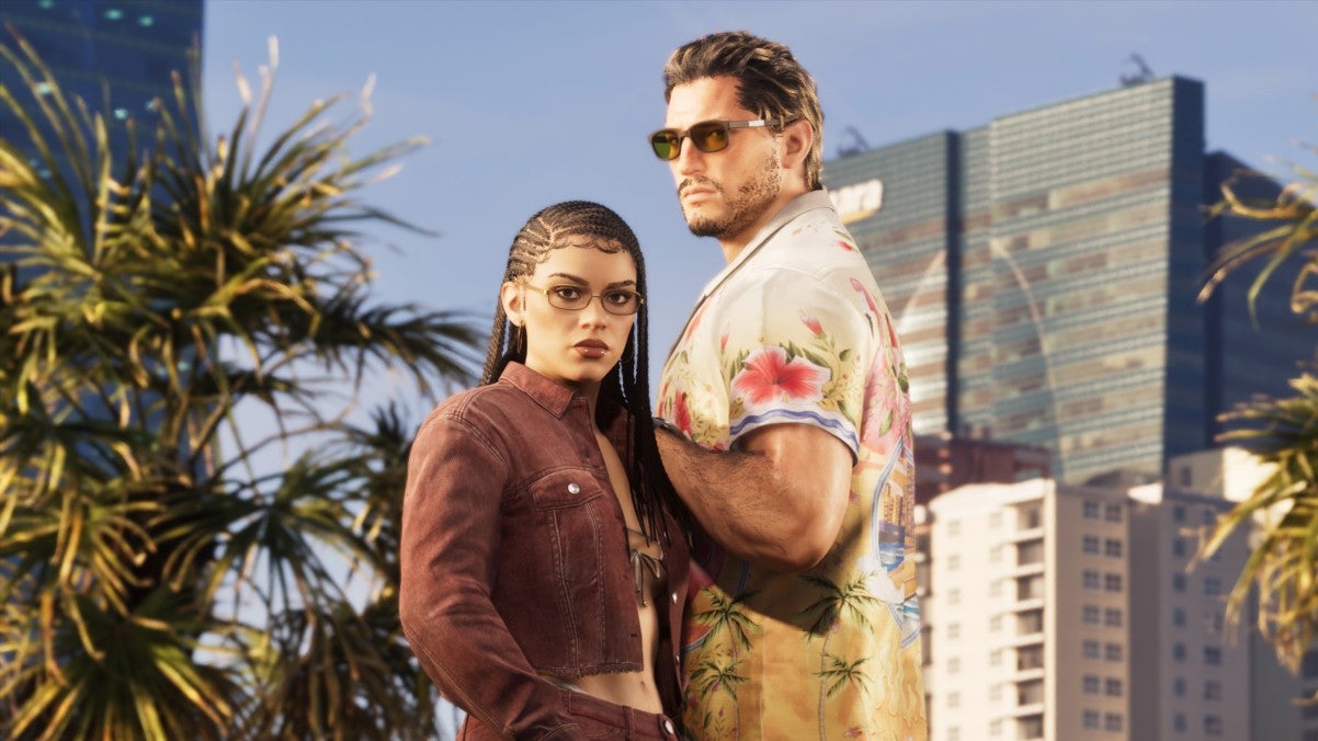 Jason and Lucia from GTA 6 in artwork for the game's Ultimate Edition. She is wearing a brown jacket and glasses. He has a floral shirt on