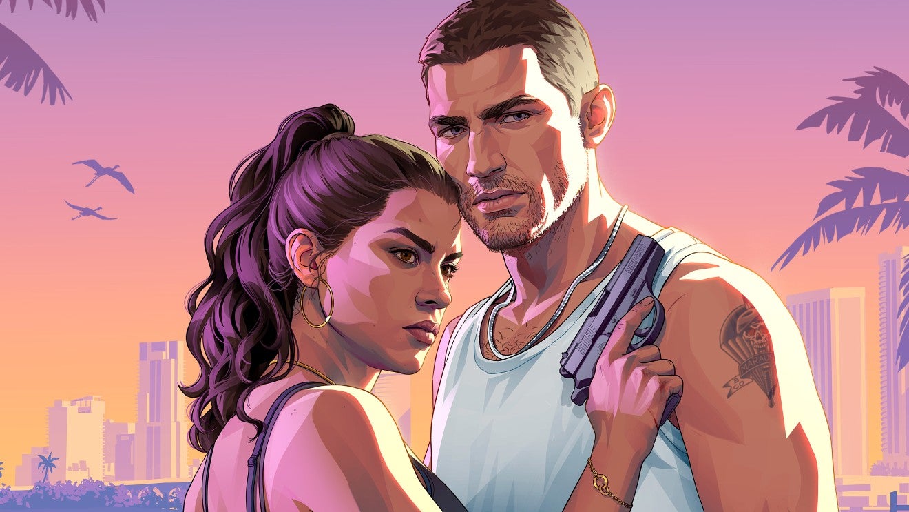 Jason and Lucia in artwork for GTA 6. She has a black top on and a gun in her hand. He is wearing a white vest. They are standing against a pink and purple cityscape