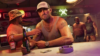GTA 6 deuteragonist Jason pictured sitting astatine a barroom beneath neon signs with a brew successful his hand, and different clientele nearby. Jason is simply a burly blonde dude who appears present wearing a grey vest, a wristwatch and a shot cap.