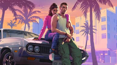 GTA 6 artwork showing Jason and Lucia in pastel tones sat on the front of a car