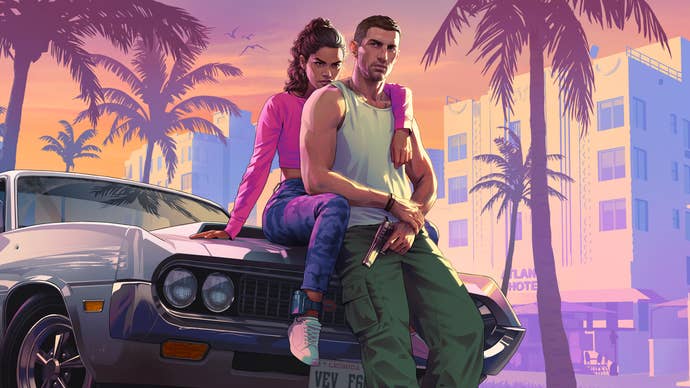 GTA 6 artwork showing Jason and Lucia in pastel tones sat on the front of a car