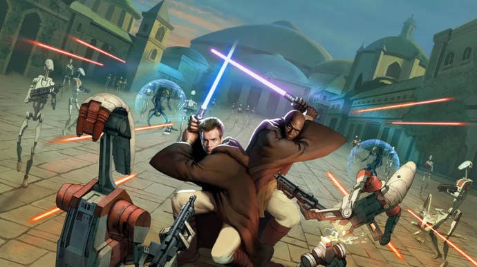 A poster for Star Wars Episode 1: Jedi Power Battles, showing Kenobi and Mace Windu facing off against droids and wielding light sabres.