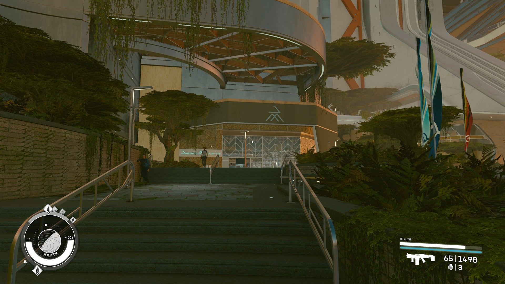 looking up a set of outside stairs at the jemison mercantile shop in the distance