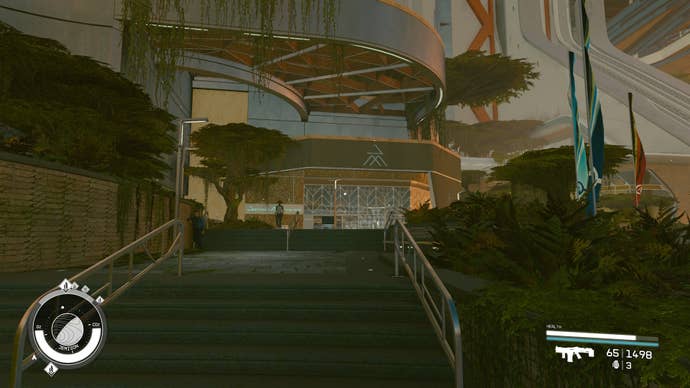 looking up a set of outside stairs at the jemison mercantile shop in the distance