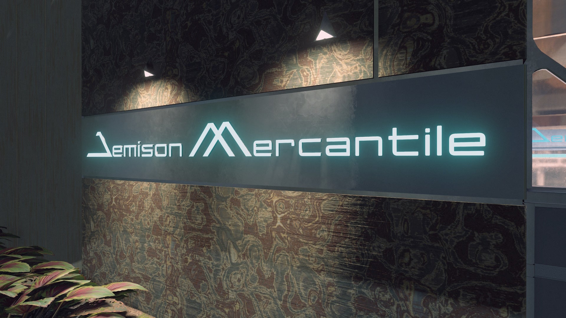 photo mode perspective of the neon light blue sign of jemison mercantile on side of the shop's outside wall