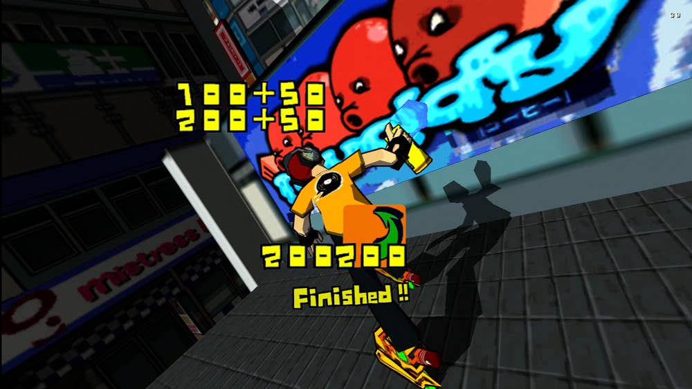 A skater earns points spraying graffiti in Jet Set Radio. The screen reads: