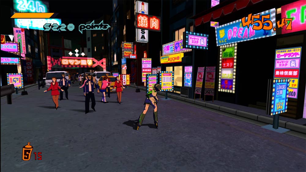 Gum, a skater, explores a neon downtown in Jet Set Radio.