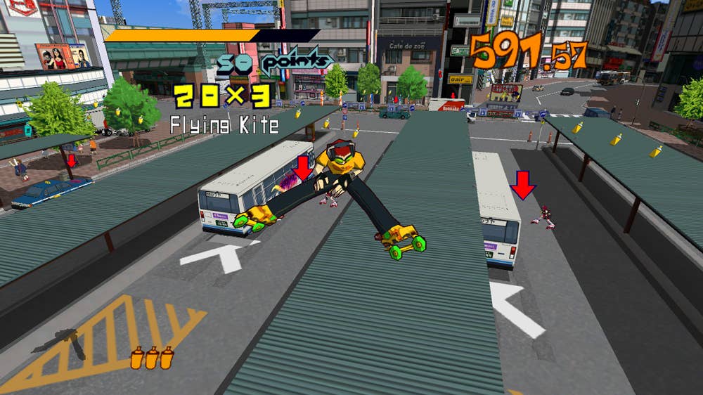 A skater jumps through the air above a bus station in Jet Set Radio.