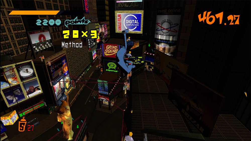 A skater races through the sky above midnight streets in Jet Set Radio.