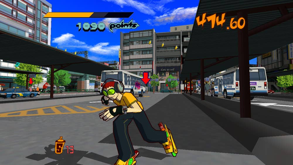 A skater rushes down the street in Jet Set Radio.