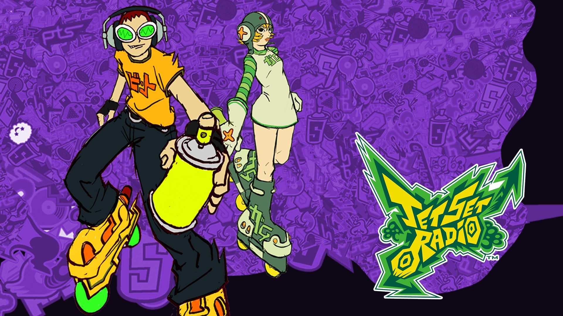 Character art for Jet Set Radio, showing a boy with green shades and headphones on rollerblades holding a spraycan, and a skater girl behind in a white and green top with headphones.