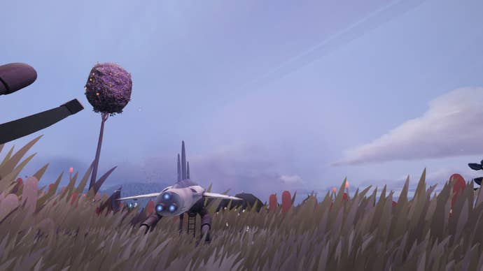 a low angle screenshot of the ship in Jett Given Time, taken in a field with grass in the foreground and a purple-blue sky above