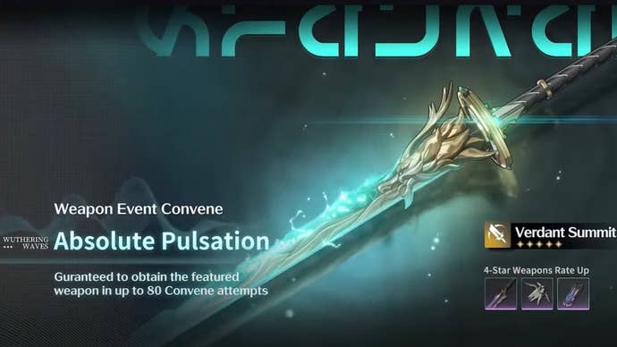 Artwork showcasing the weapon event “Absolute Pulsation” in Wuthering Waves, with the Verdant Summit Broadblade as the ultimate prize.