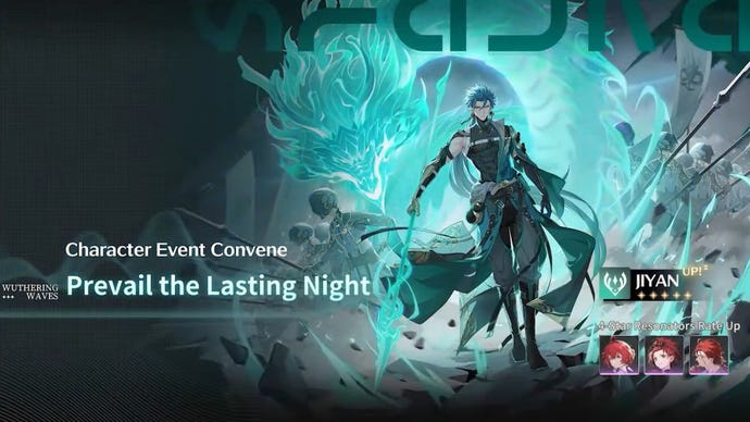 Artwork showcasing Jiyan's banner event in Wuthering Waves, "Prevail the Lasting Night."