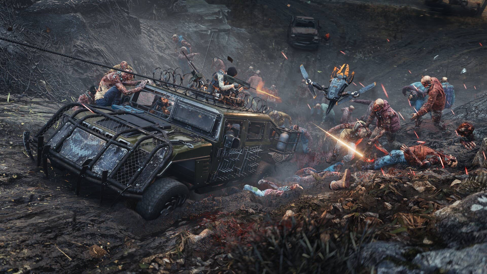 A car full of suvivors winches itself up a muddy hill as a crowd of zombies attacks.