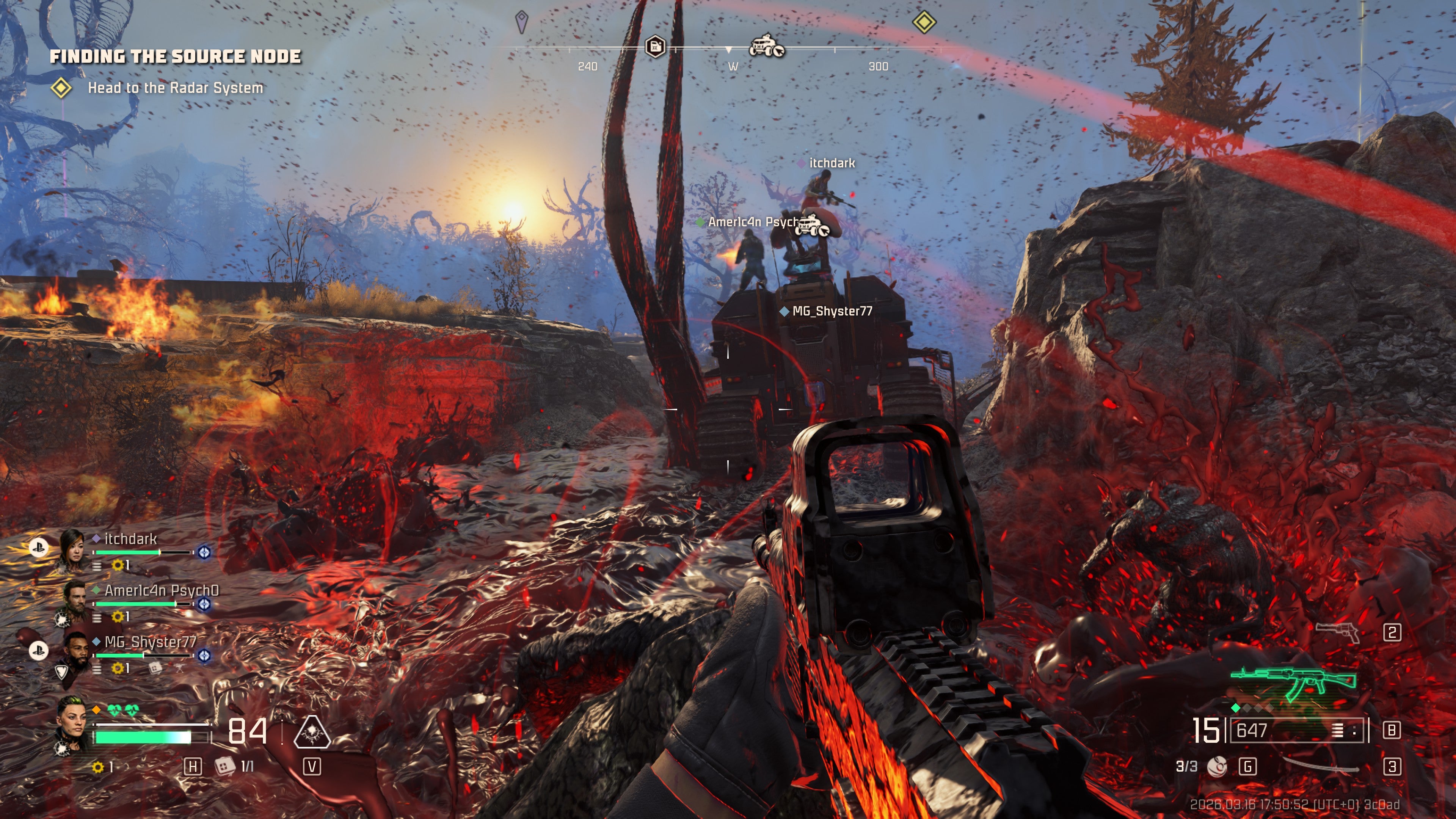 A screenshot of John Carpenter's Toxic Commando, showing the player following a truck through a large pool of sludge