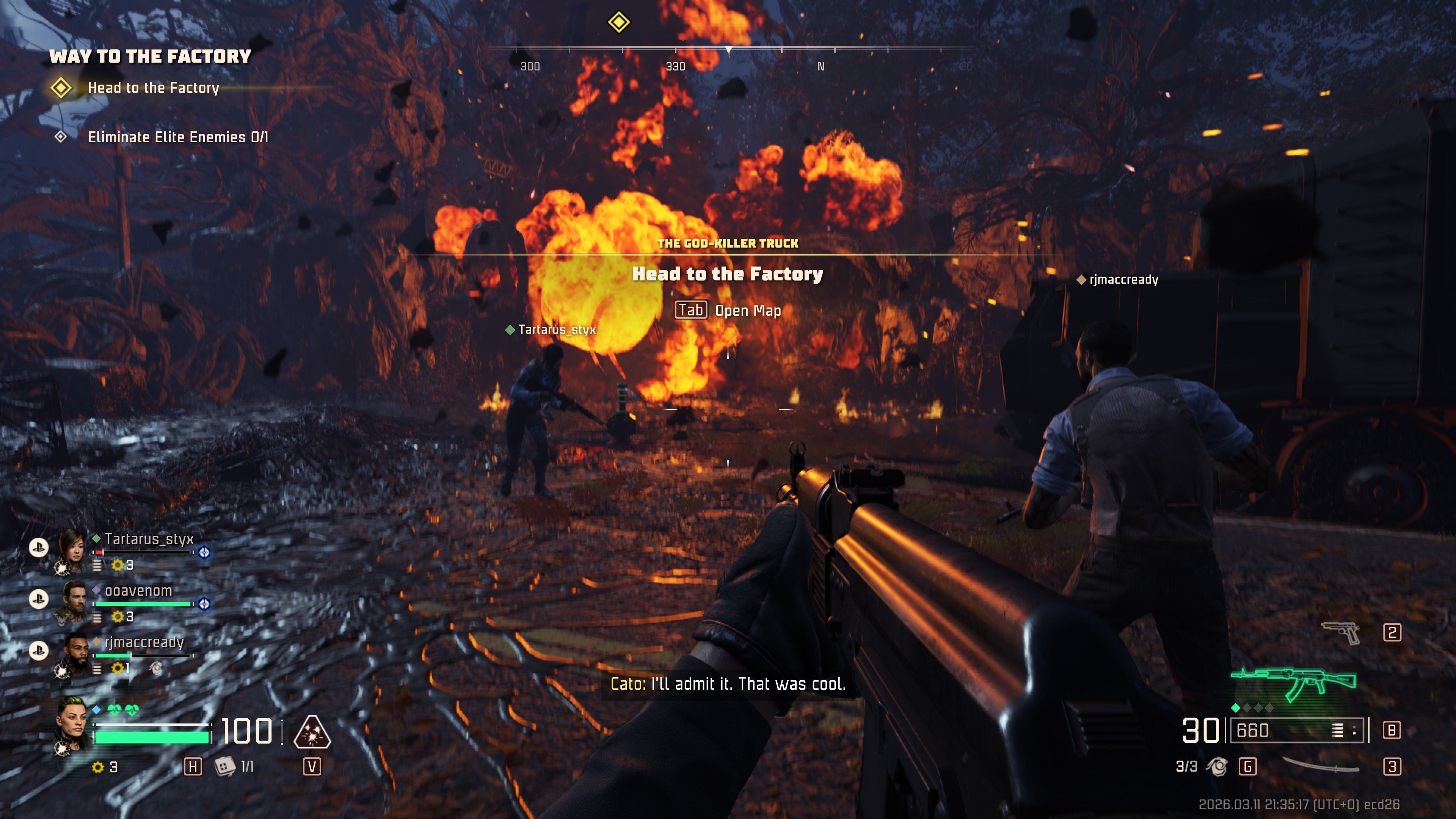 A screenshot of John Carpenter's Toxic Commando, showing several players standing in front of a large explosion.