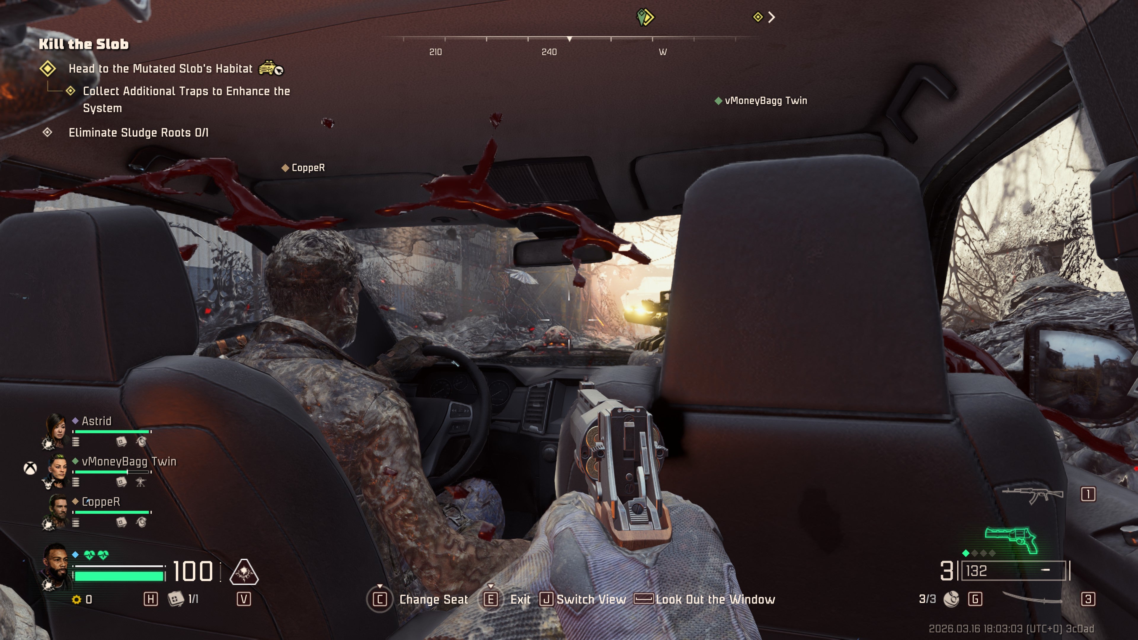 A screenshot of John Carpenter's Toxic Commando, showing the player riding in the back of a pickup truck.