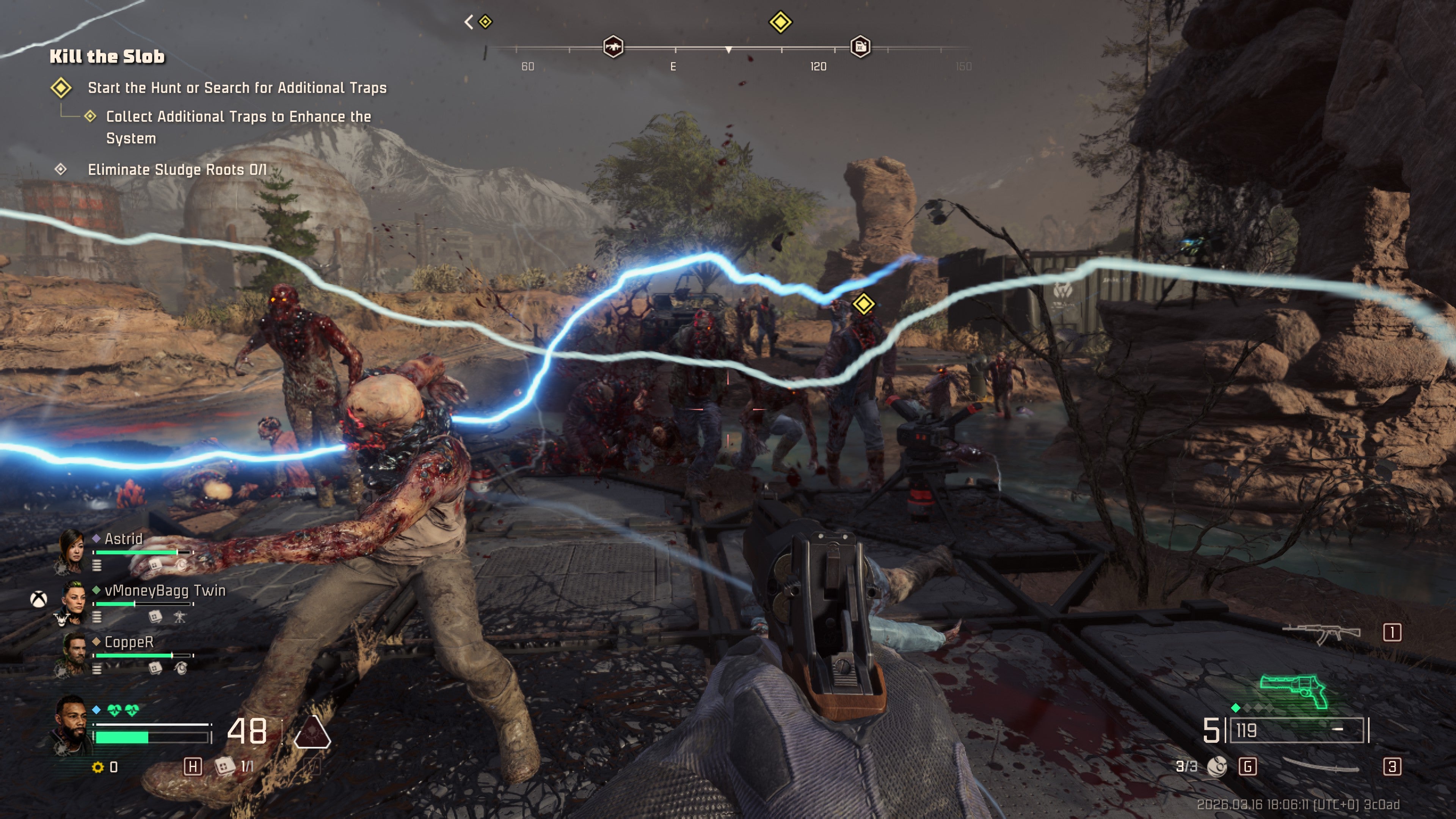 A screenshot of John Carpenter's Toxic Commando, showing the player fighting a horde of zombies as electricity arcs through the air.