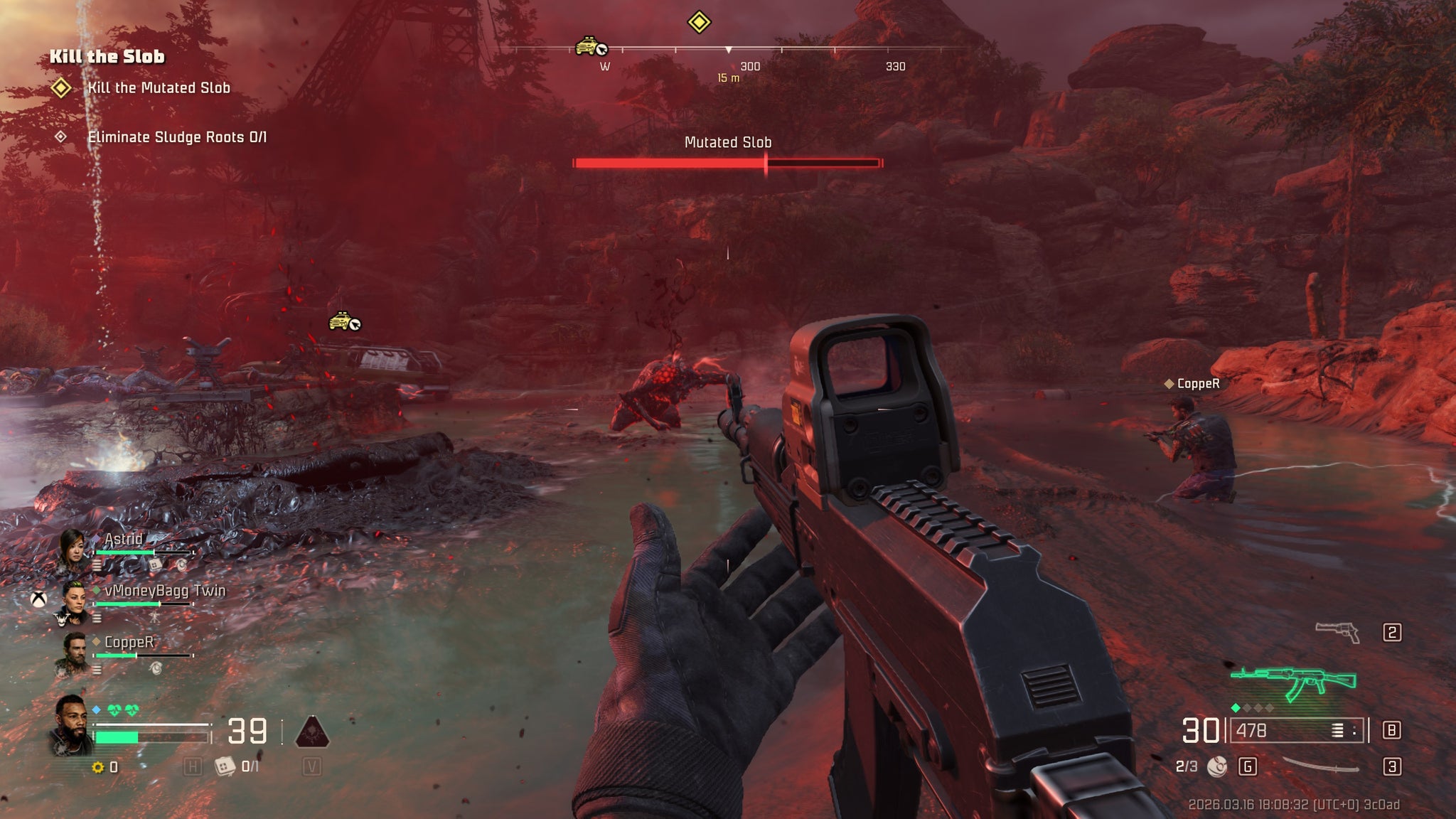 A screenshot of John Carpenter's Toxic Commando, showing several players fighting a large mutated slob enemy in a pool of sludge.