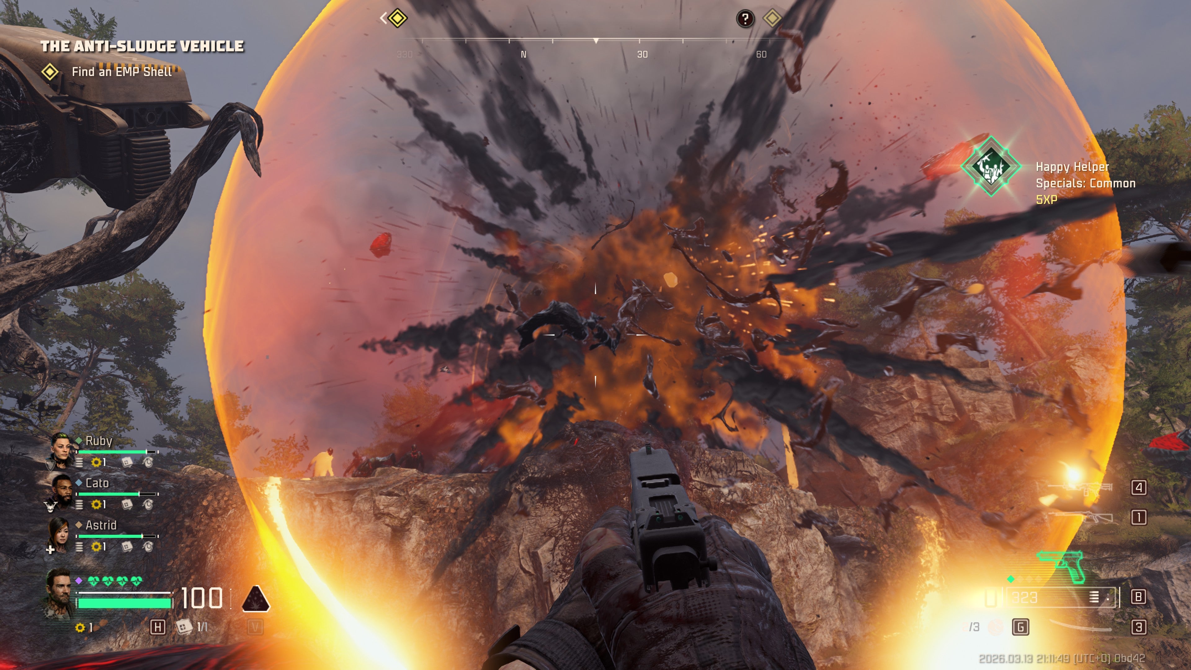 A screenshot of John Carpenter's Toxic Commando, showing a blaster exploding in a spherical shockwave.