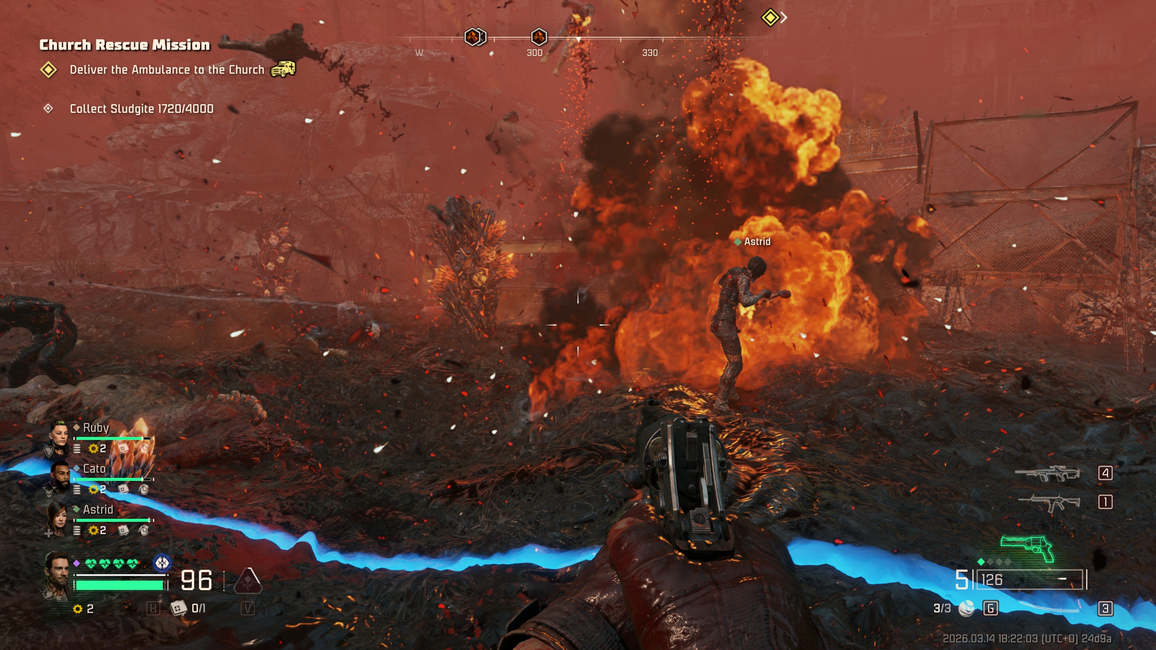 A screenshot of John Carpenter's Toxic Commando, showing the player stood in a large sludge pool. The NPC astrid narrowly escapes a large explosion.