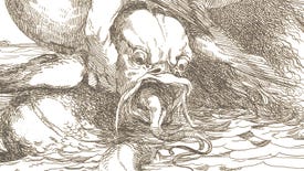 A close-up of a snarling sea monster's face in an old drawing