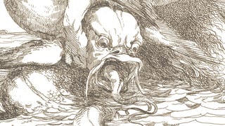 A close-up of a snarling sea monster's face in an old drawing