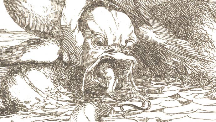 A close-up of a snarling sea monster’s face in an old drawing