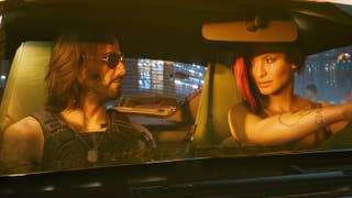 Johnny Silverhand and female V sitting in a car looking at each other in Cyberpunk 2077
