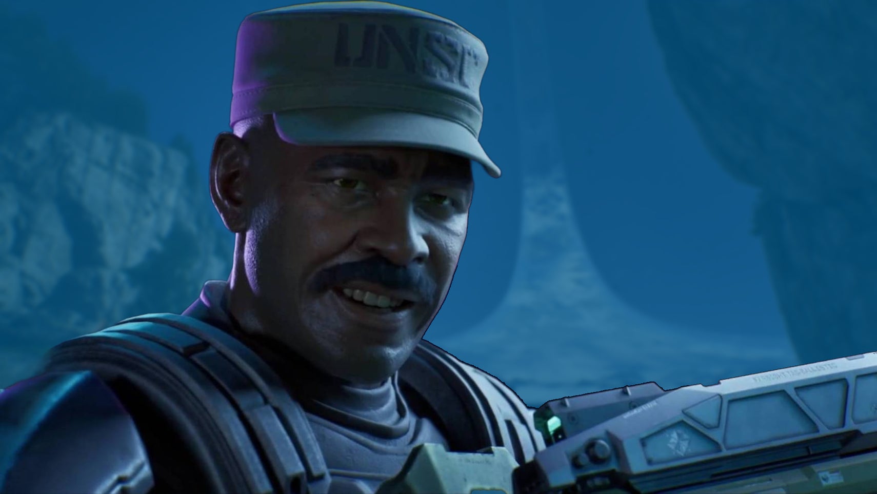 Sgt Johnson as he appears in Halo: Campaign Evolved over the top of the Halo ring