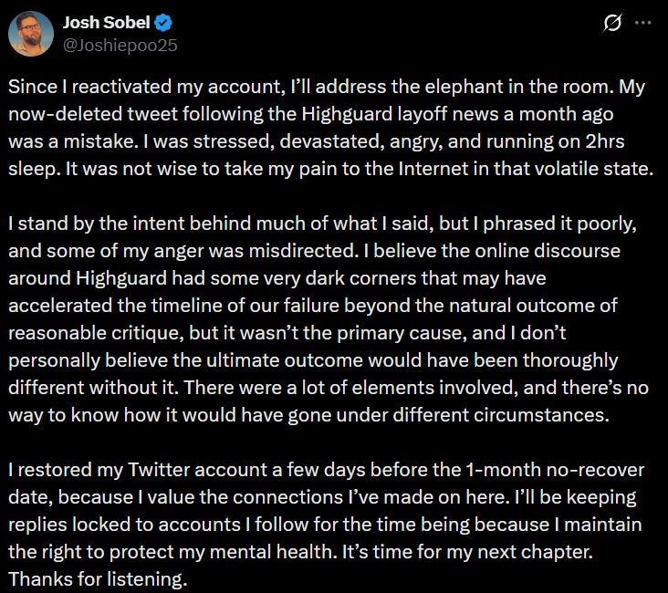 Josh Sobel apologizes on X/Twitter, March 11