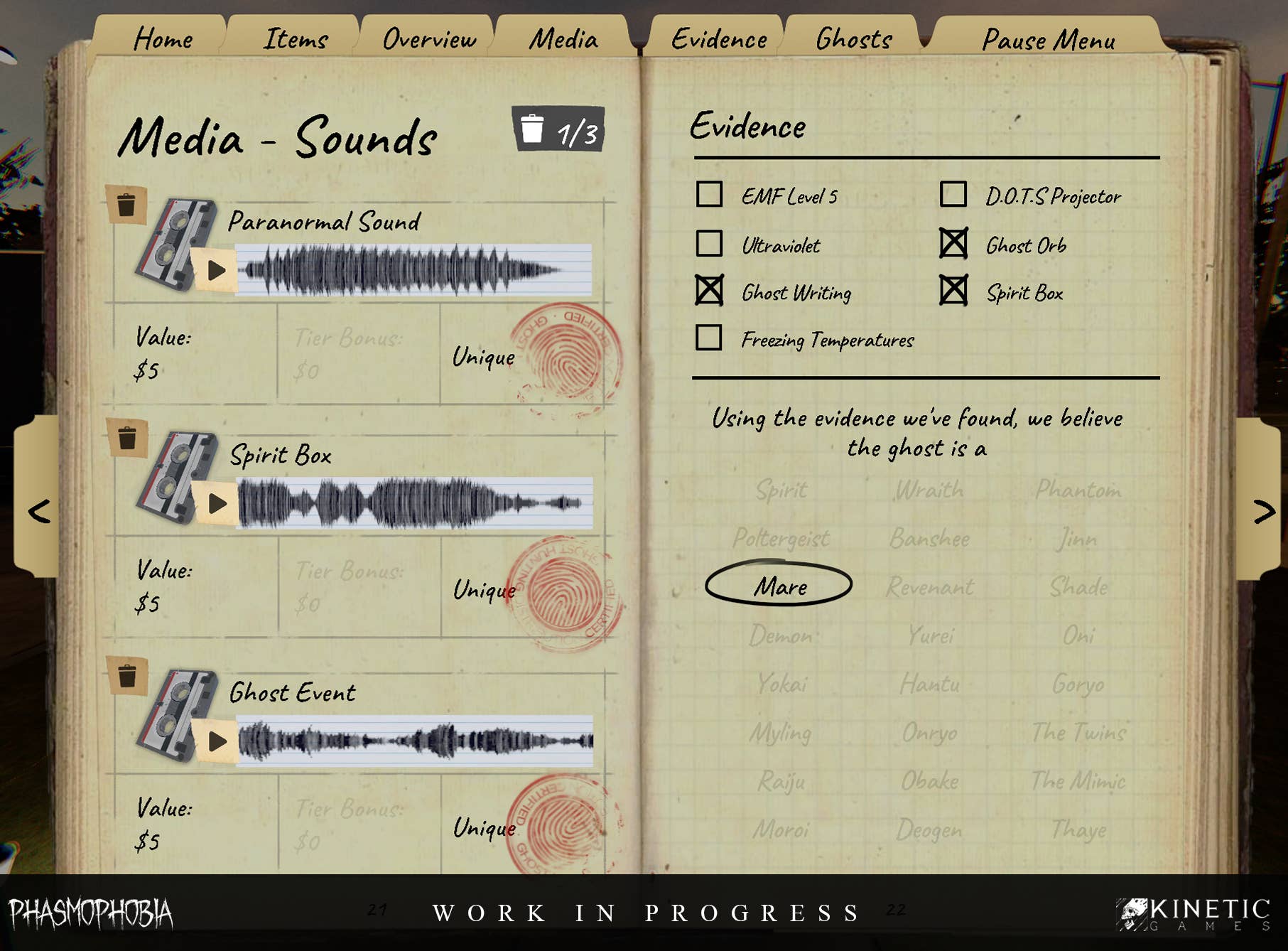 A work-in-progress glimpse at the reworked Journal evidence collection, focused on Media - Sounds