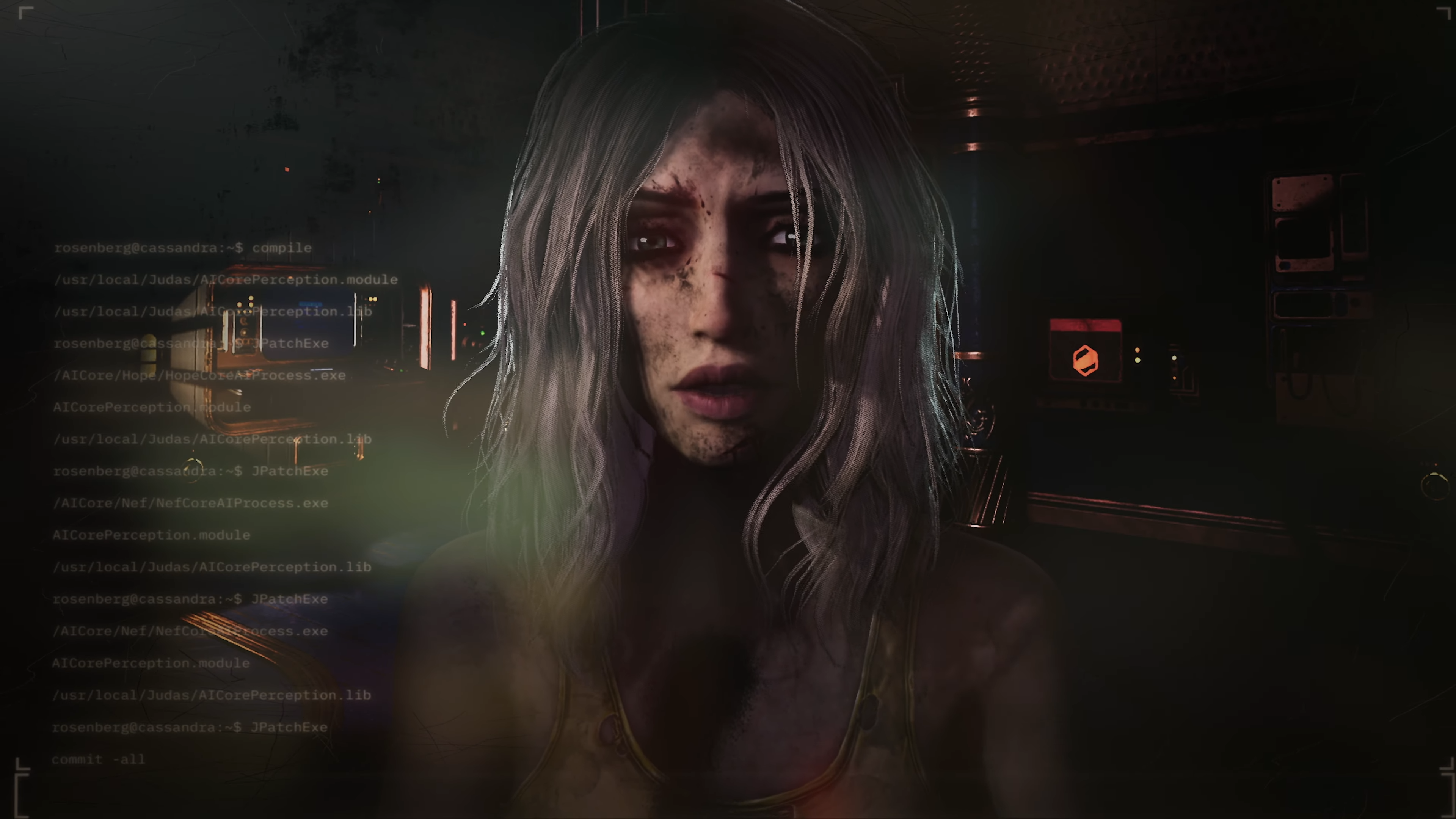 A mysterious female character with long hair in the game Judas.