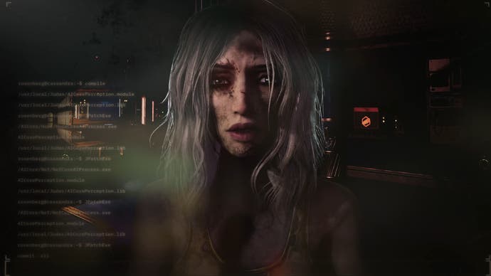 A mysterious female character with long hair in the game Judas.