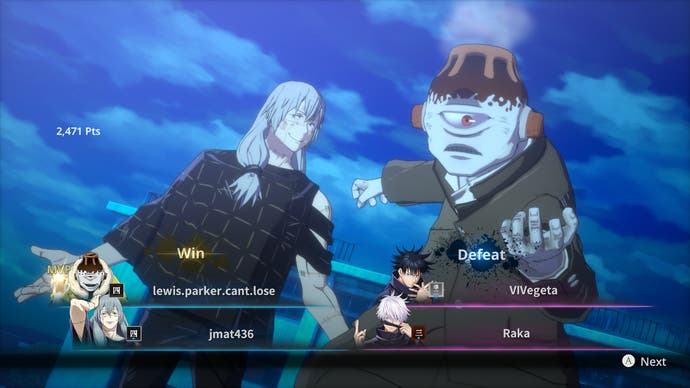 Jujutsu Kaisen: Cursed Clash screenshot of a windscreen after an online ranked battle using Jogo and Mahito