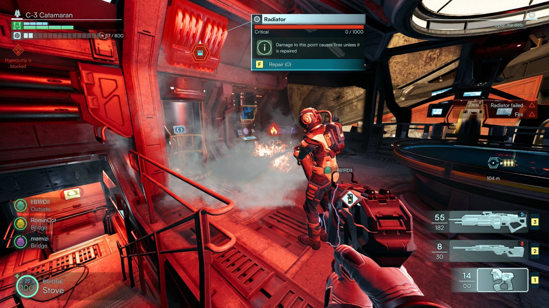 A crewmate puts out a fire on the ship bridge in Jump Space.