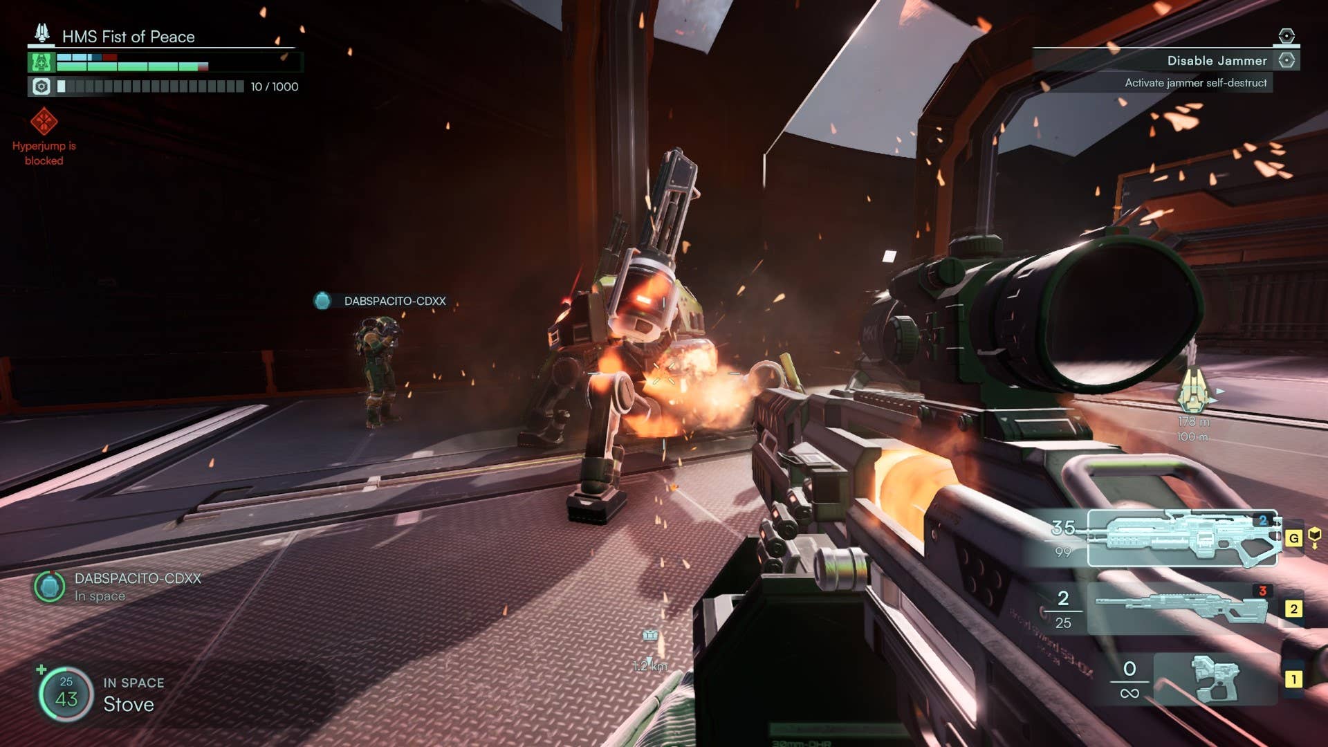 Defeating a big robot with an LMG in Jump Space.